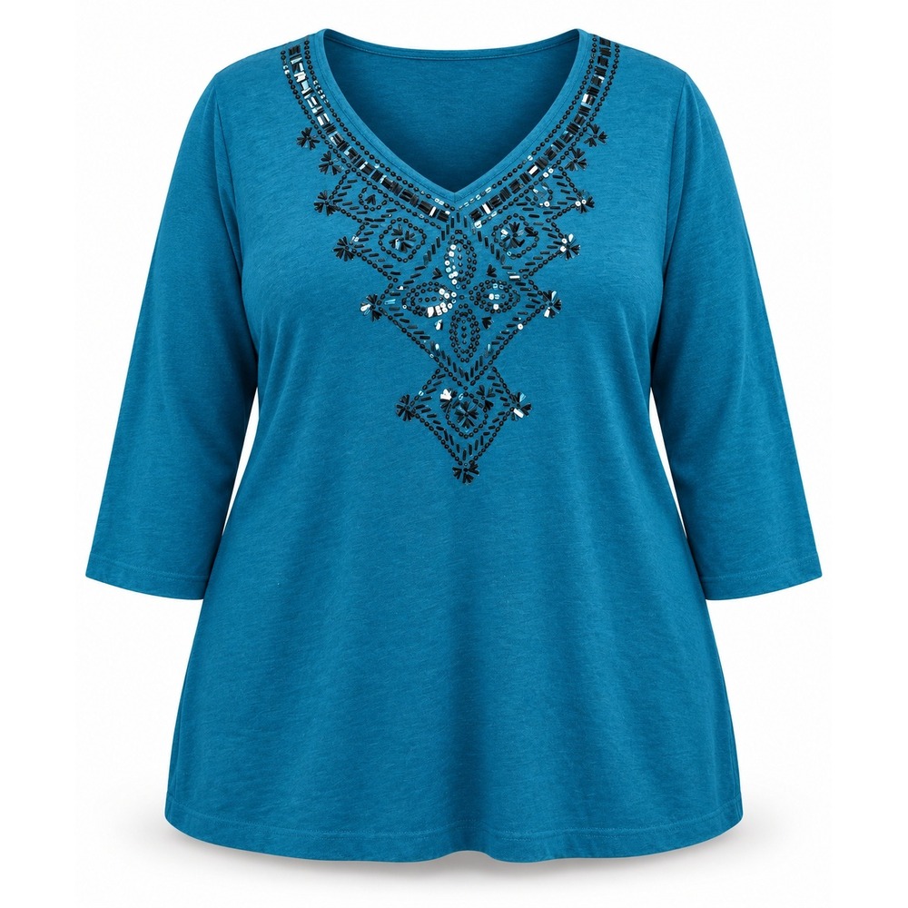Bob Mackie Wearable Art 2X Teal Blue Sequin Beaded V-Neck 3/4 Sleeve Top